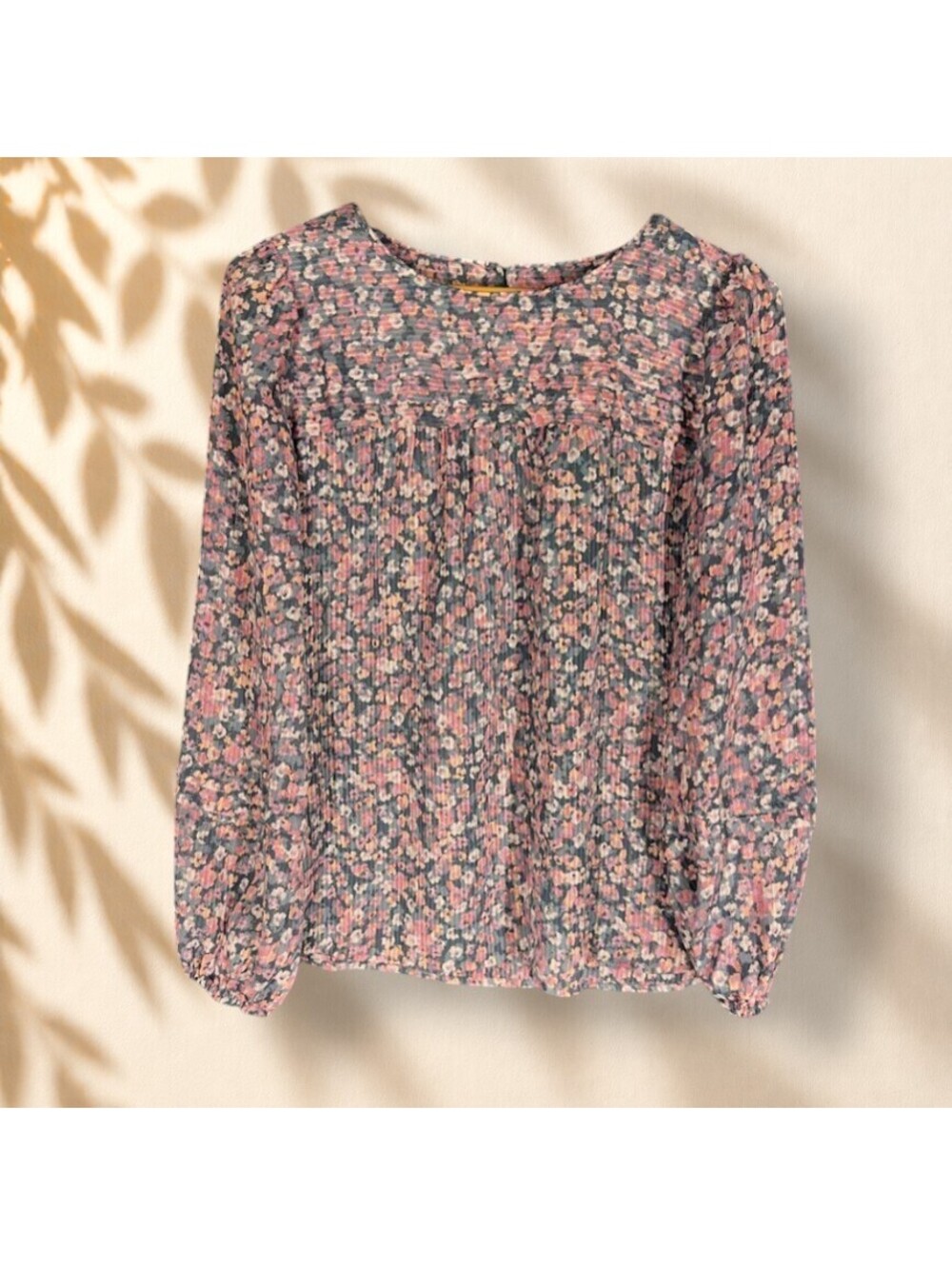 Loft Blouse Women S Small Gray Floral Long Sleeve Hook & Eye Round Neck Casual
